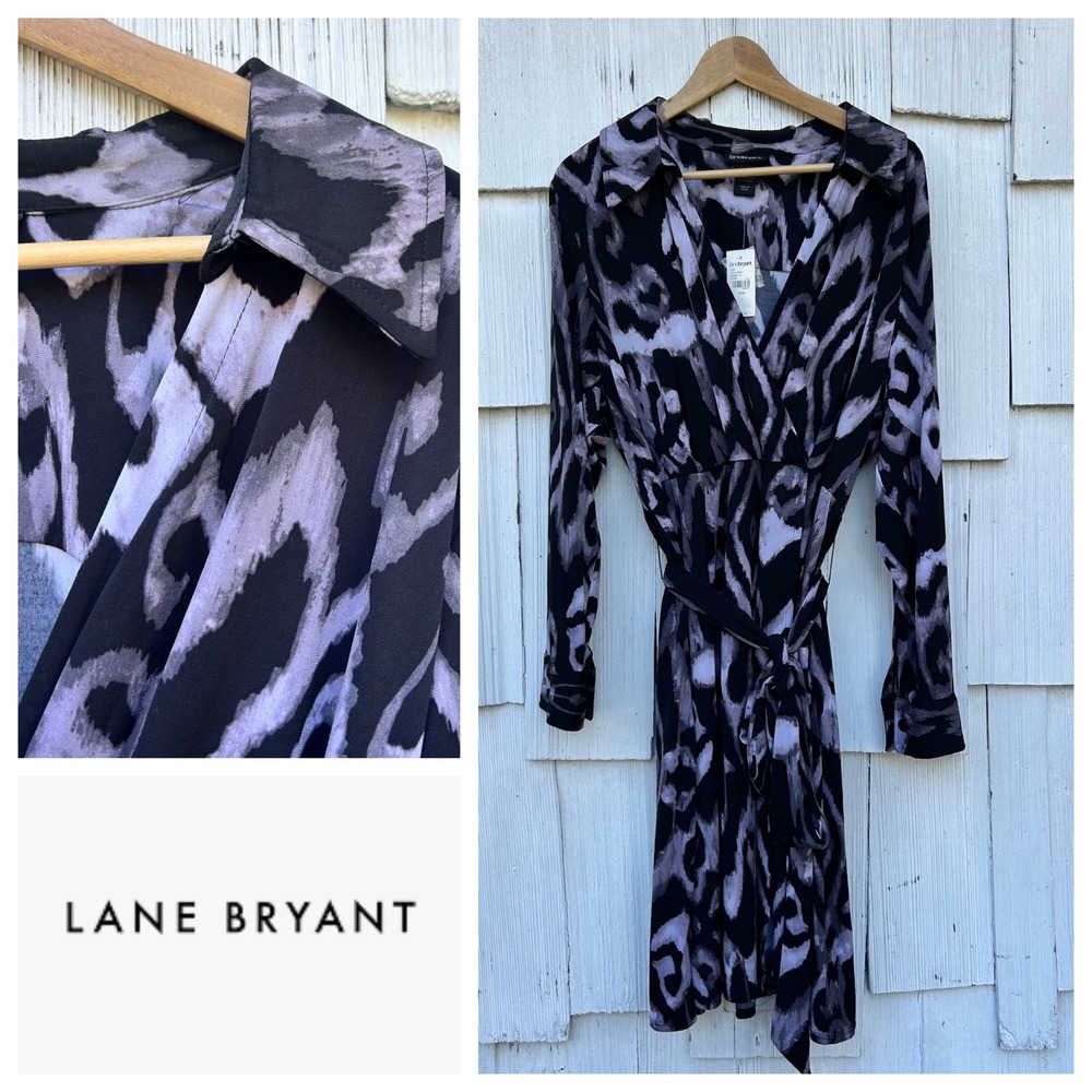 Lane Bryant‎ Black Gray Animal Print Wrap Dress Belted Long Sleeve Plus  22/24